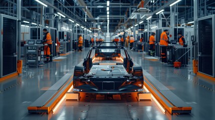 Car production line with cars on the frame and orange parts in an industrial factory