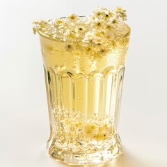 A sparkling elderflower lemonade with elderflower garnish, in a crystal glass, isolated white background