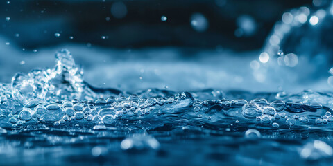 Wall Mural - A close up of the surface of a dark blue water, with ripples and bubbles visible in the foreground