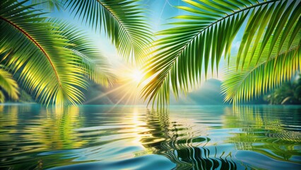 Sticker - Serenene tropical background featuring delicate palm leaves, gentle water ripples, and warm sunlight reflections creating a peaceful atmosphere.