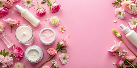 Canvas Print - Skincare products and flowers on a pink background