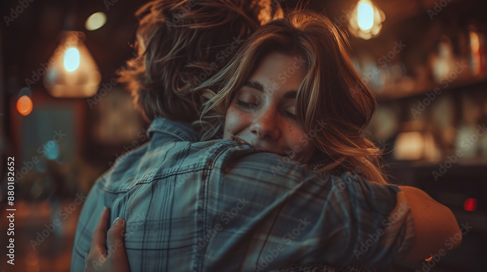 A woman hugs a man from behind while he stands in a bar, illuminated by ...