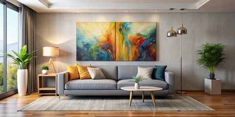 Wall Mural - Sofa in modern living room with abstract painting on wall, sofa, couch, living room, interior, furniture