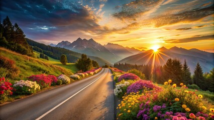 Sticker - Sunset over the mountains casting a warm glow on a beautiful road lined with colorful flowers , sunset, mountains, road