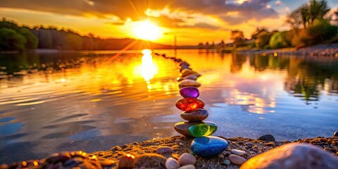 Wall Mural - Vibrant chakra stones along a peaceful riverbank in golden sunset light, chakra stones, riverbank, sunset, peaceful