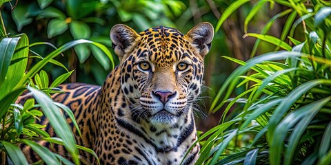 Poster - Stealthy jaguar blending into tropical forest underbrush while hunting, jaguar, camouflage, stalking, predatory, exotic