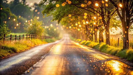 Wall Mural - Serene rural road post-light rainfall with soft bokeh glow , tranquil, countryside, peaceful, empty, road, nature, misty