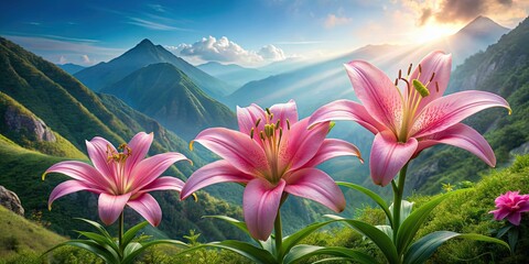 Canvas Print - Three hyper-realistic pink lilies on a mountainside , pink, lilies, flowers, mountains, nature, landscape, stunning, beauty