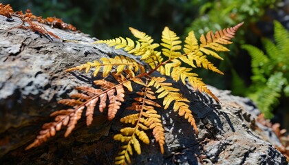 Poster - Golden Fern on a Tree Trunk.