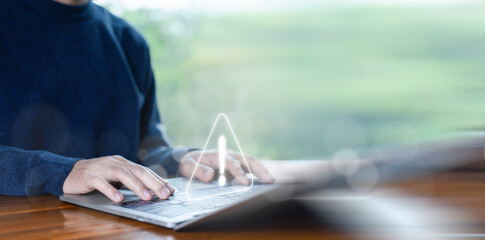 Wall Mural - warning sign of system failure in the laptop, cyber error symbol, or notification spam. concept of c