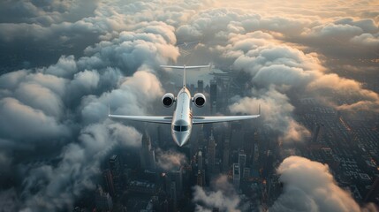 Wall Mural - A sleek business jet flying above the clouds with a cityscape far below, in a photorealistic, high-detail style