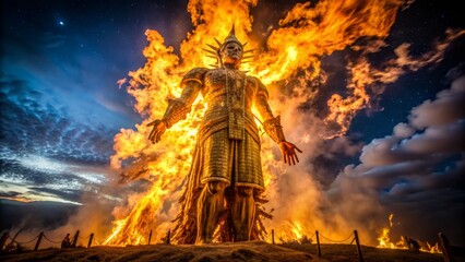 Sticker - A colossal wooden statue engulfed in fiery flames, ablaze against a dark, moonless night sky, casting a golden glow.