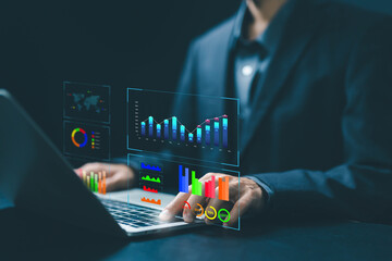 Poster - analysis data plans show a dashboard chart on the computer, analytics business, reports, and research on platform digital technology—the concept of analysts managing the system database.