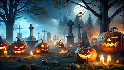 Poster - Spooky Halloween night with glowing jack-o-lanterns and misty graveyard , Halloween, spooky, night, graveyard, misty