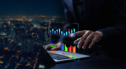 Poster - reports and research on platform digital technology and analyst manages the system database. concept of analysis data plans shows a dashboard chart on the computer, analytics business 