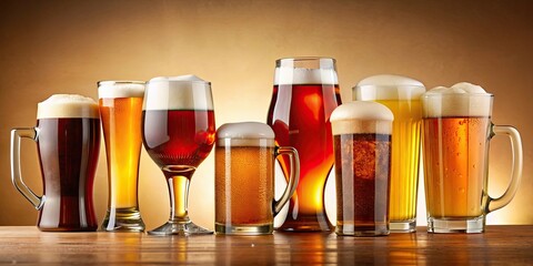 Poster - Vibrant assortment of beer mugs and glasses with frothy heads on cream background , beer, mugs, glasses, frothy, heads