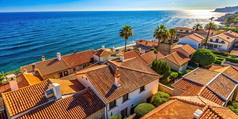 Sticker - Top view of coastal buildings with tiled roofs overlooking the sea , coastal, buildings, tiled roofs, sea shore