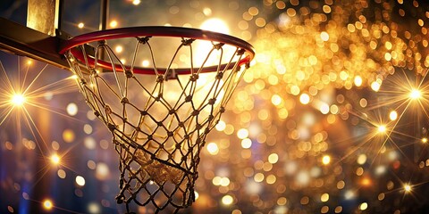 Wall Mural - Warm light filters through a basketball net adorned with sparkles, creating a cozy atmosphere , cozy, warm, light, filters