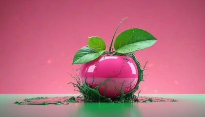 Canvas Print - Pink Sphere with Green Splash and Leaves.