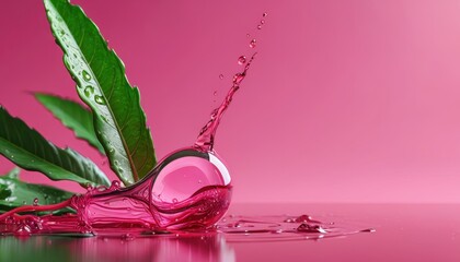 Poster - Pink liquid splash with green leaves.