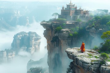 Wall Mural - A remote mountain monastery perched on a precipitous cliff, where monks meditate in tranquil courtyards overlooking breathtaking vistas of mist-shrouded peaks. 