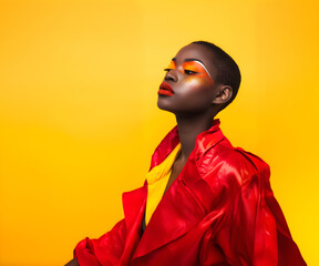 Wall Mural - Fashion Concept. Closeup portrait of black woman in red jacket with bold makeup eyeshadow in tone neon fluorescent bright contrast light., copy text space	