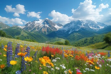 Wall Mural - A serene alpine meadow blanketed in a carpet of vibrant wildflowers, where snow-capped peaks rise majestically against a backdrop of azure sky. 