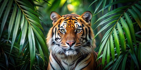 Sticker - Tiger with intense gaze surrounded by lush foliage in tropical jungle, wild, beauty, powerful, presence, jungle, nature