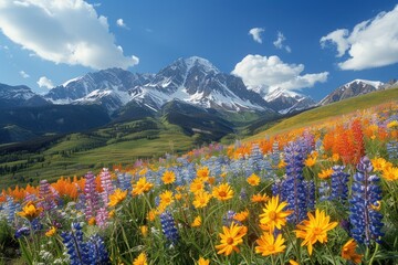 Wall Mural - A serene alpine meadow blanketed in a carpet of vibrant wildflowers, where snow-capped peaks rise majestically against a backdrop of azure sky.