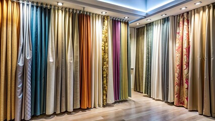 Poster - Variety of luxurious drapery fabrics on display in a modern drapery shop, luxurious, drapery, fabrics, display, modern