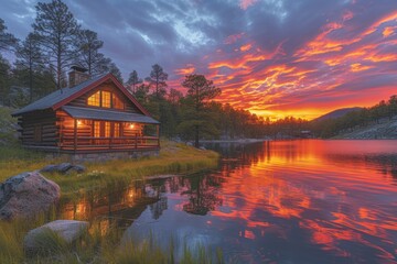 Wall Mural - A serene lakeside retreat nestled among towering pine trees, where a rustic cabin overlooks a tranquil expanse of water reflecting the fiery colors of a breathtaking sunset. 