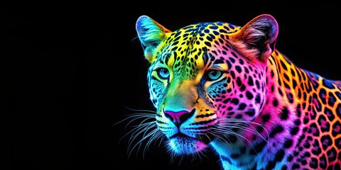 Poster - Vibrant neon colored leopard against a black background, Neon, colored, leopard, wild, animal, print, vibrant, pattern