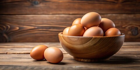 Canvas Print - Wooden bowl filled with brown eggs on a table , organic, farm fresh, rustic, natural, food, breakfast, cooking