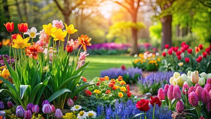 Sticker - Vibrant spring flowers blooming in a beautiful garden , spring, flowers, background, colorful, pastel, petals, nature, garden