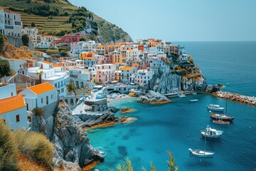 Wall Mural - A sun-drenched Mediterranean village perched atop rugged cliffs overlooking the azure sea, where whitewashed buildings cascade down to picturesque harbors lined with colorful fishing boats. 