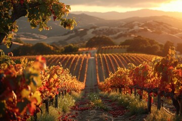 Wall Mural - A sun-drenched vineyard nestled among rolling hills, where rows of grapevines bask in the warm glow of afternoon sunlight and the air is heavy with the scent of ripening fruit. 