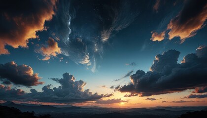 Wall Mural - Dramatic Sunset Sky with Clouds and Stars.