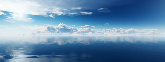 Wall Mural - Blue sky over calm sea. Blue sea and sunny sky on horizon over calm water