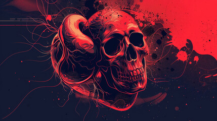 Wall Mural - abstract depiction of a heart and a skull intertwined, using minimalistic shapes and lines to explore the connection between life and death