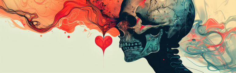 Wall Mural - abstract depiction of a heart and a skull intertwined, using minimalistic shapes and lines to explore the connection between life and death