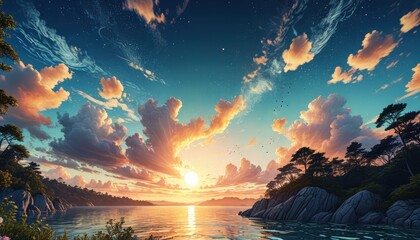 Wall Mural - Stunning Sunset Over the Sea with Dramatic Clouds.