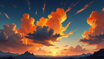 Wall Mural - Golden Sunset over Mountain Range.