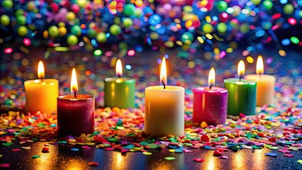 Poster - Vibrant image of colorful confetti scattered around glowing candles , celebration, party, festive, event, decoration