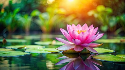 Wall Mural - Vibrant pink lotus flower blooming in a serene pond, beauty, nature, meditation, flora, water lily, purity, spirituality