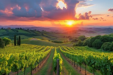 Wall Mural - A sun-kissed Tuscan vineyard nestled among rolling hills and ancient olive groves, where rows of grapevines stretch towards the horizon beneath a sky ablaze with the colors of sunset.