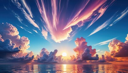 Poster - Dramatic Sunset Over Ocean With Pink Clouds.