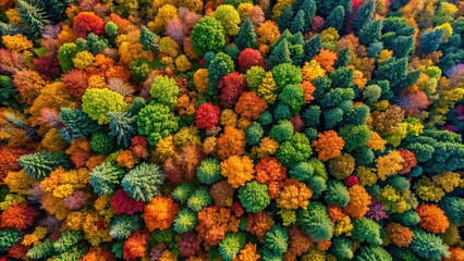 Sticker - Wonderful aerial view of a vibrant autumn forest , Autumn, forest, foliage, trees, colorful, nature, landscape, top view