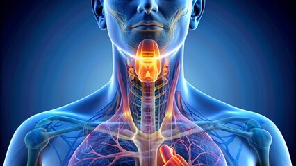 Detailed illustration of the human thyroid gland anatomy, highlighting the left and right lobes and isthmus connection.