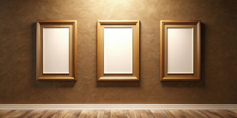 Wall Mural - Stylish gallery wall with three blank frames on a rich caramel brown background, ambient lighting, rendering , gallery