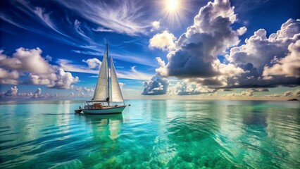 Serene majestic sailboat drifting freely on a tranquil turquoise ocean with a clear blue horizon and puffy white clouds.